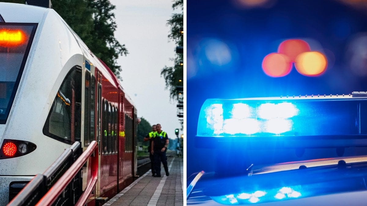 Tåg vänster. Blåljus från polisbil höger.