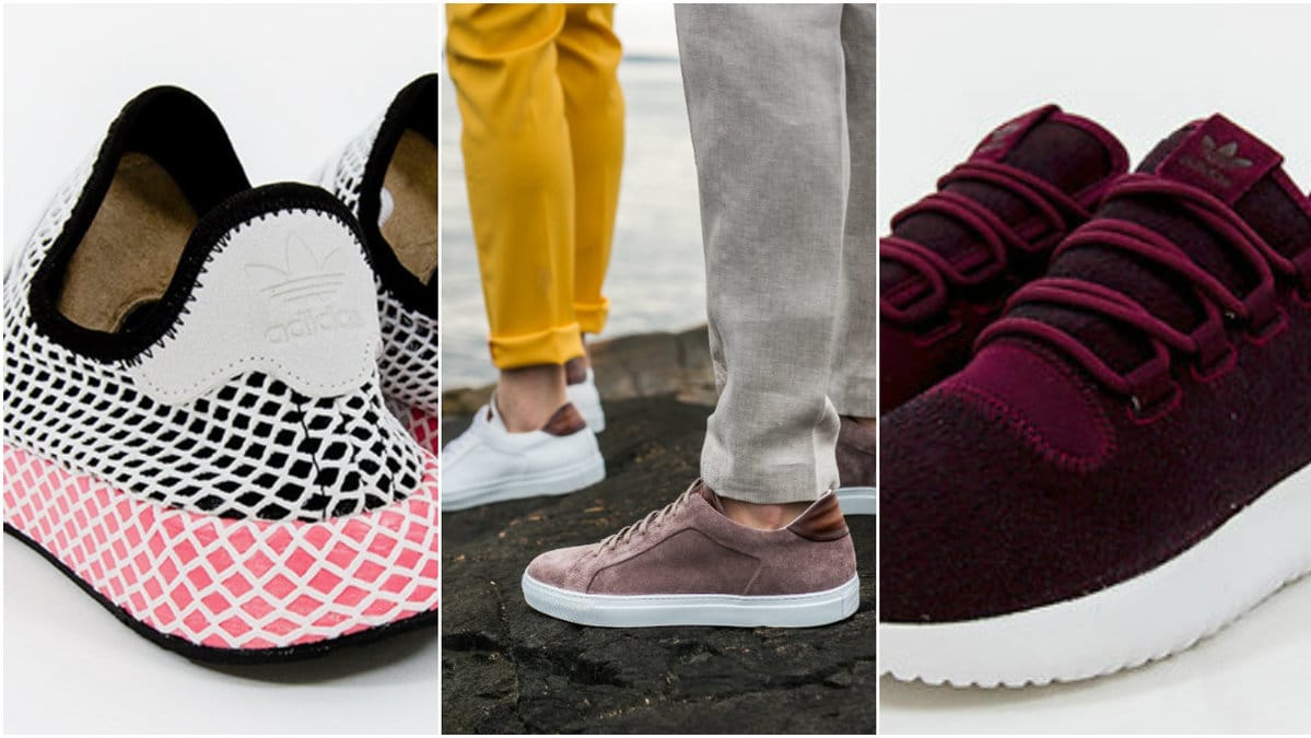Adidas skor, killar med sneakers, röda skor.
