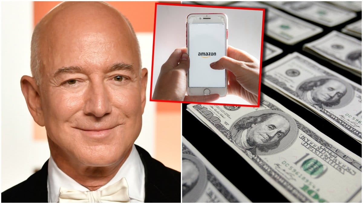 Amazons grundare Jeff Bezos, dollarsedlar och mobil med Amazon-appen.
