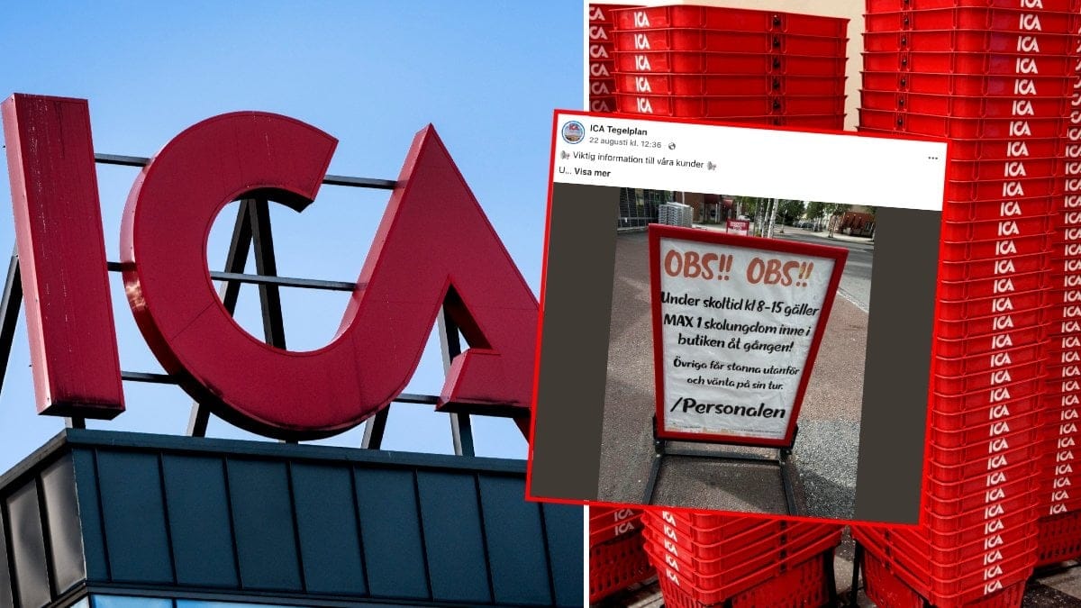 Bild på en Ica-skylt och kundkorgar.