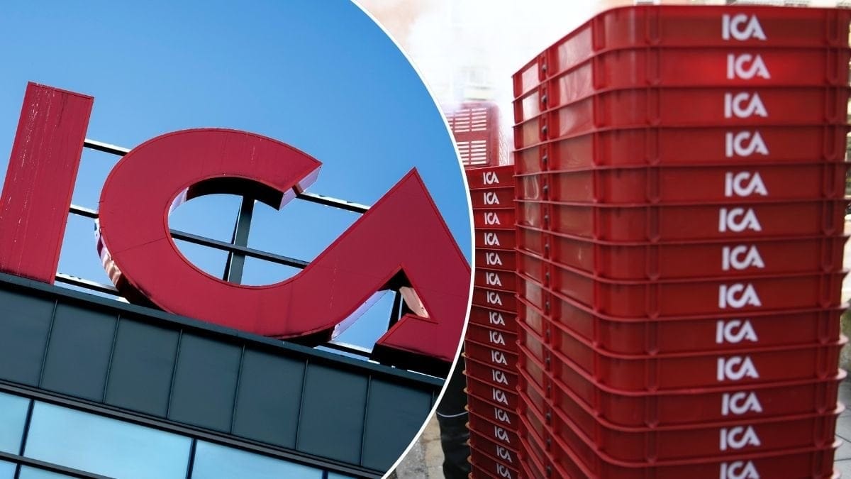 Bilder på Icas kundkorgar och en Ica-skylt.