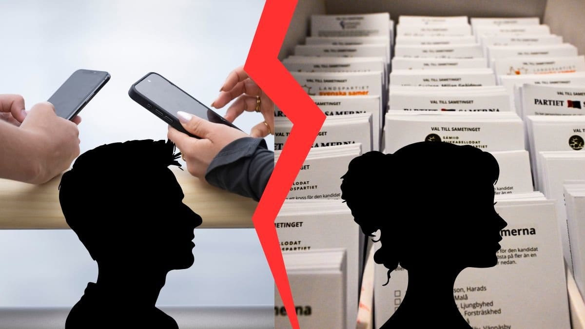 Två händer med telefoner till vänster. Röstkort till höger. Manlig siluett till vänster, kvinnlig siluett till höger.