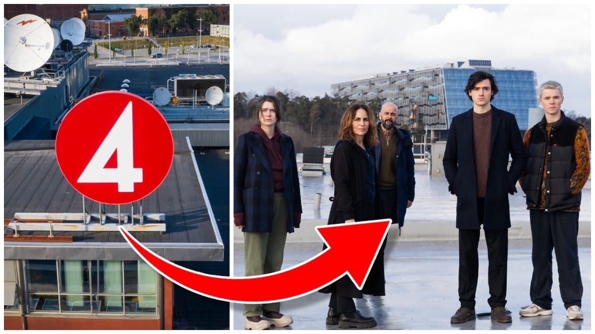 TV4:s skylt och skådespelarna i Gåsmamman