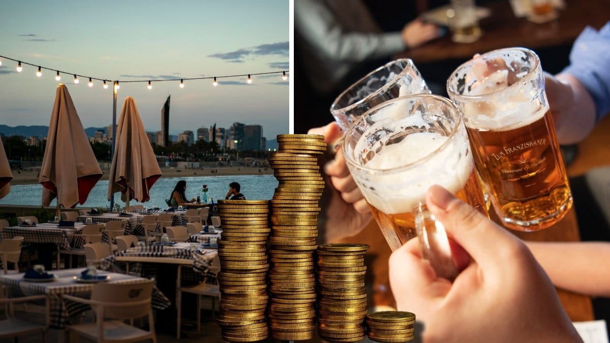 En restaurang vid vattnet i Spanien och flera ölglas som skålar.
