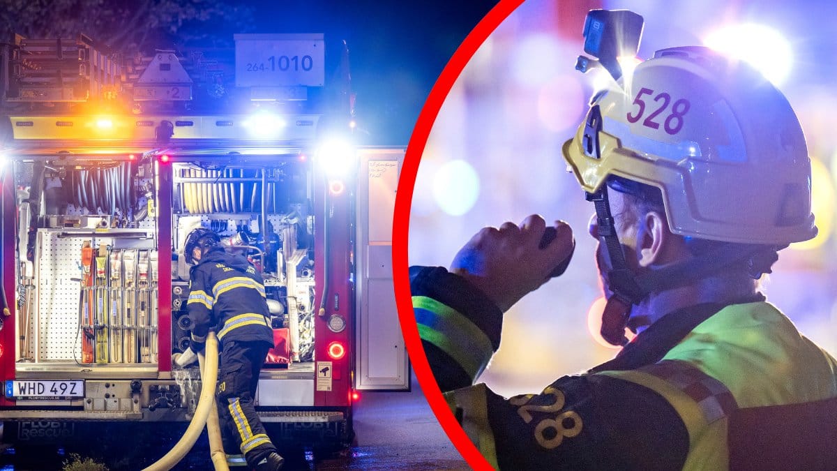 Brandman framför en brandbil vänster. Närbild på en brandman höger.