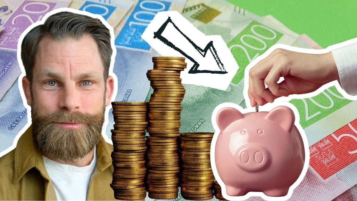 Magnus Hjelmér och en spargris där någon stoppar ner ett mynt