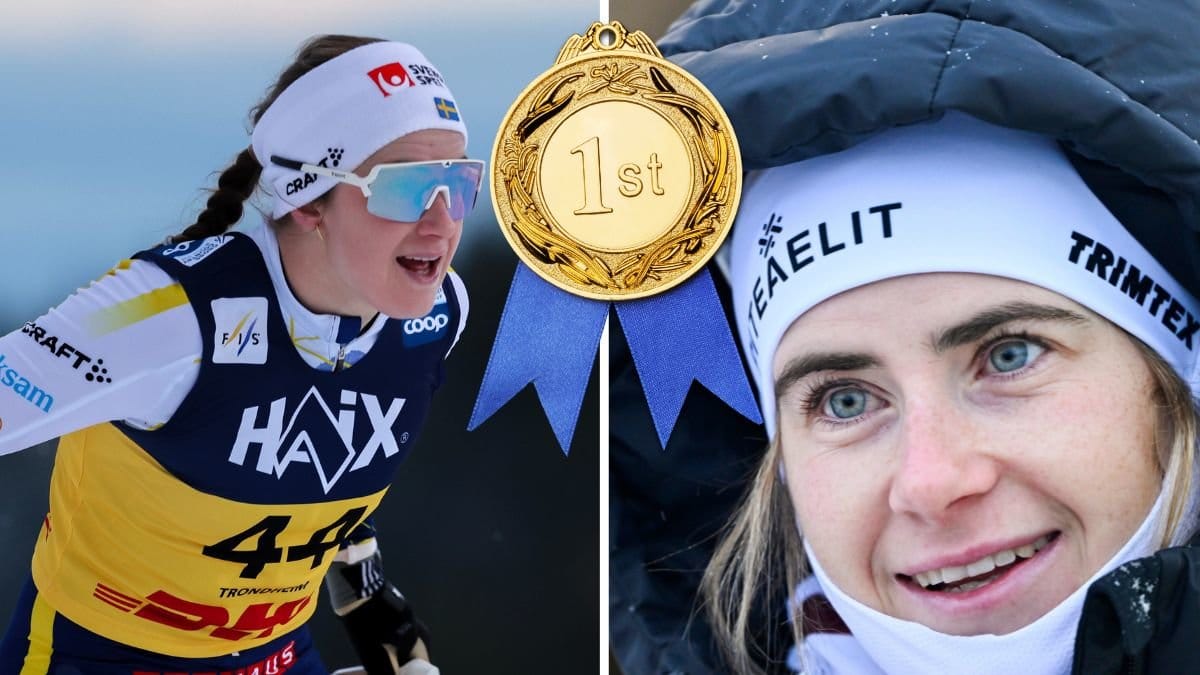 Ebba Andersson åker skidor till vänster. En närbild på Ebba Andersson till höger. En guldmedalj utklippt i mitten.