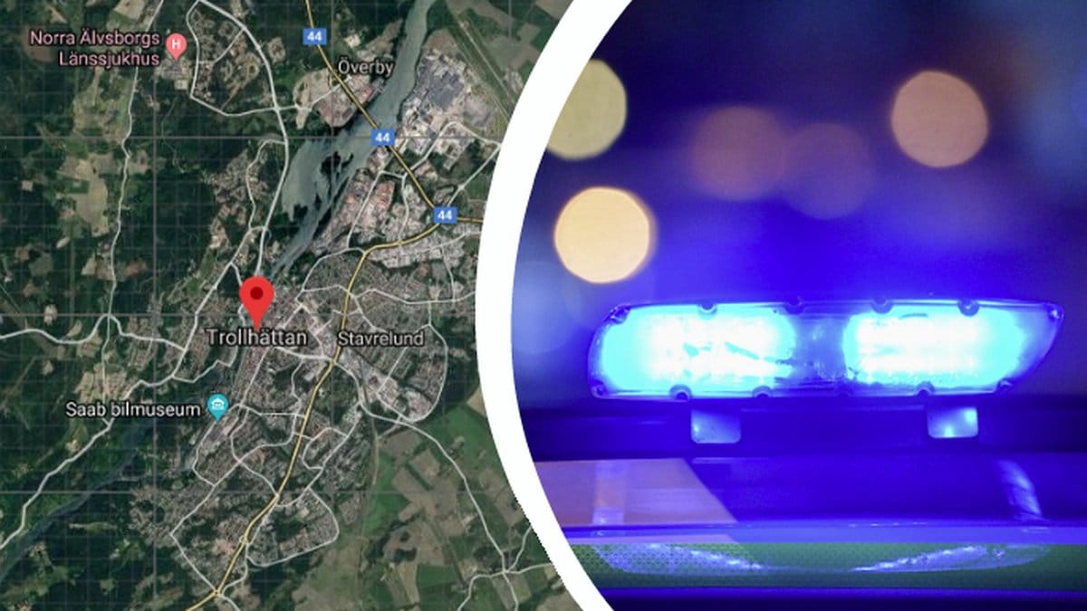Bild på karta över Trollhättan till vänster och blåljus till höger. 