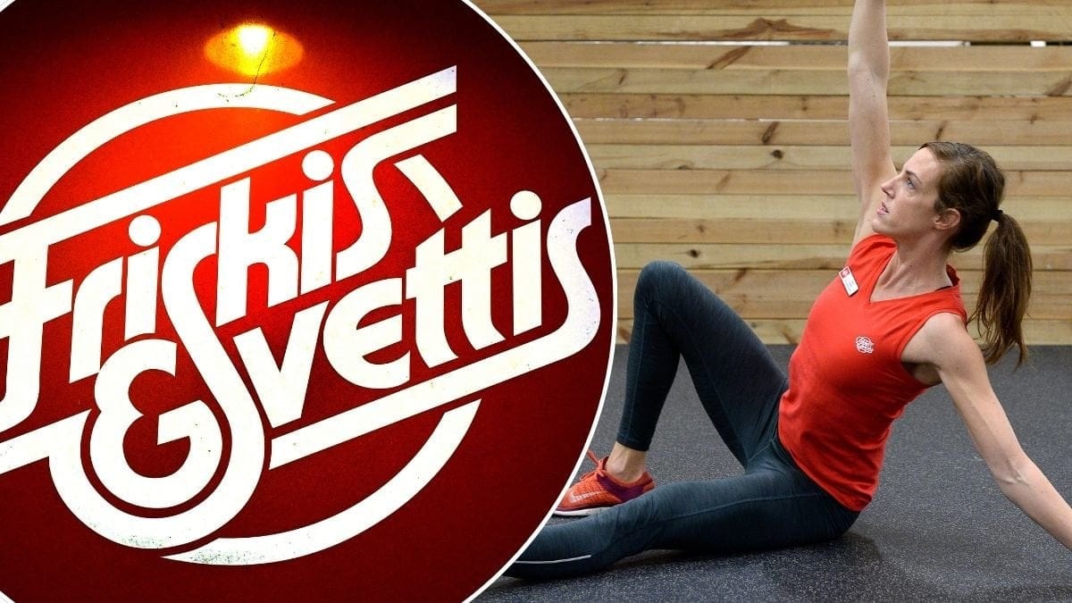 Bilder på Friskis logga och en person som gymmar.