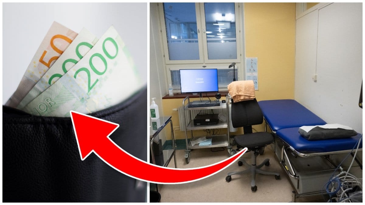 Svenska sedlar i en plånbok och ett rum på en vårdcentral.