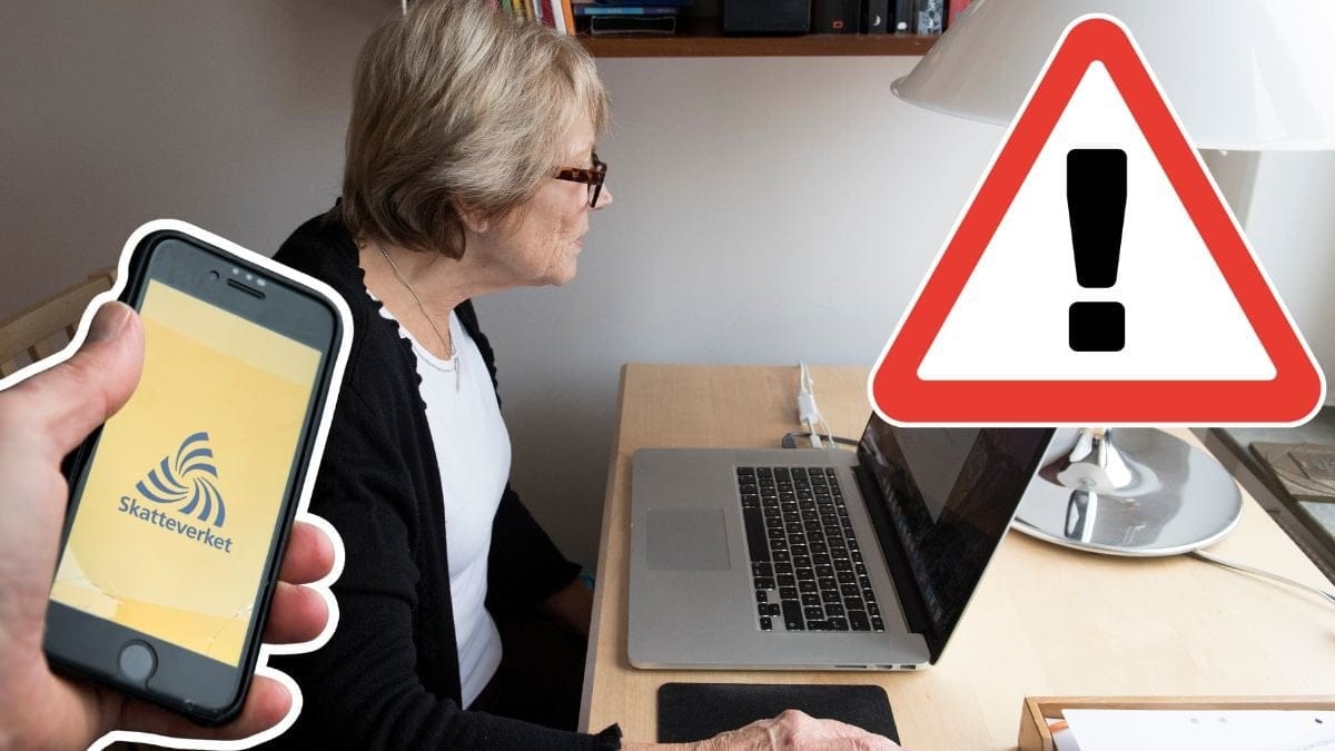 Telefon med Skatteverkets app, en kvinna vid en dator och en varningstriangel.