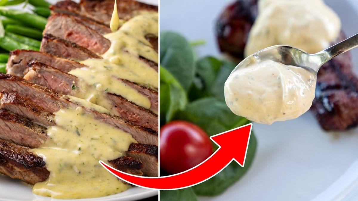 Bilder på kött och bearnaisesås.