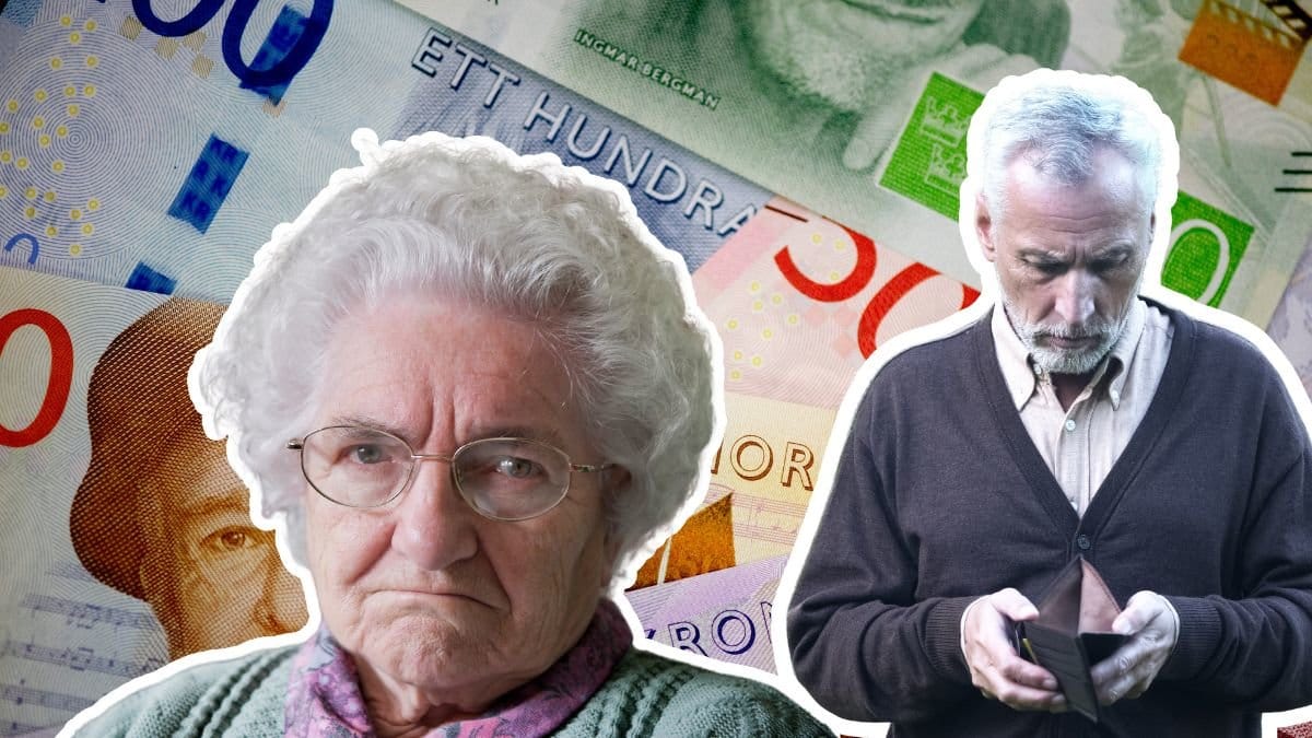 Kvinna, man med tom plånbok och pengar i bakgrunden av bilden.