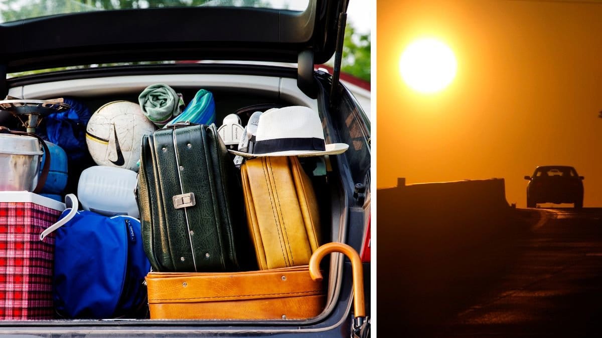 Packa bil inför bilsemester och en bil som kör i solnedgången.