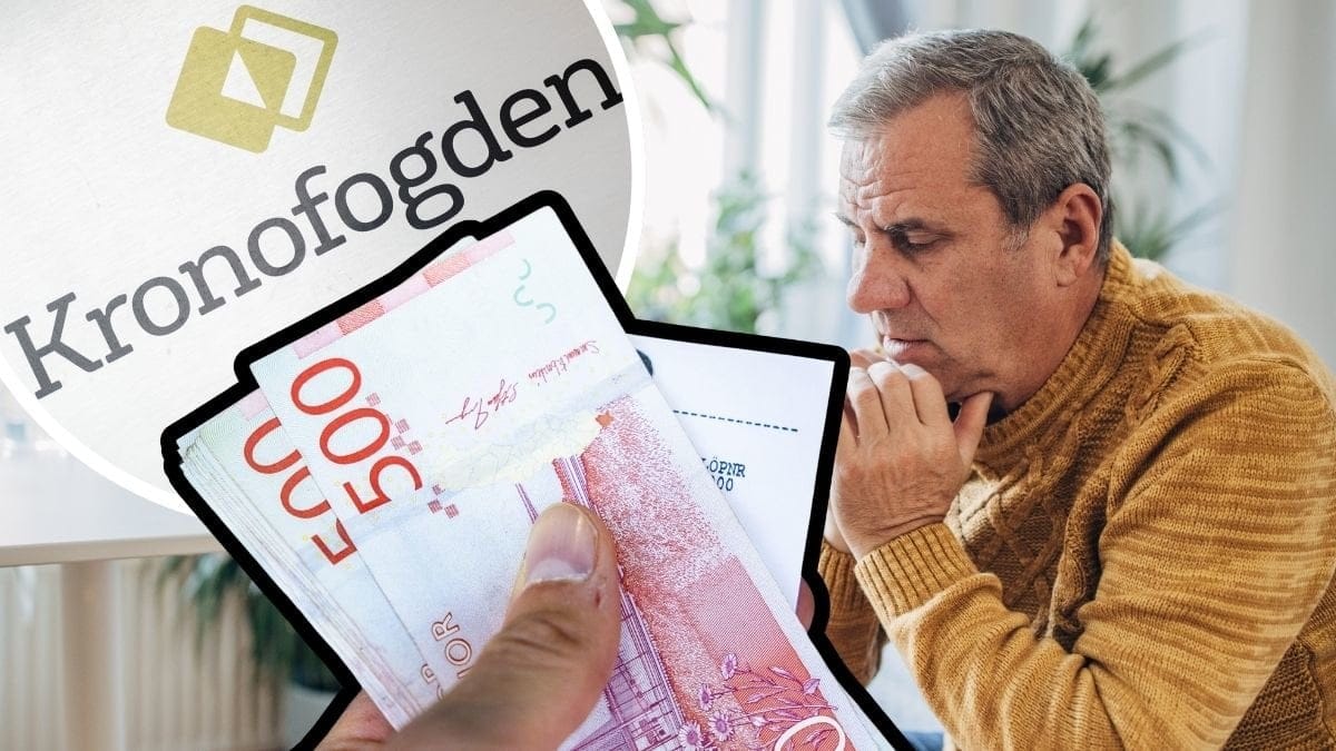 Kronofogdens logga, sedlar i hand och äldre man 