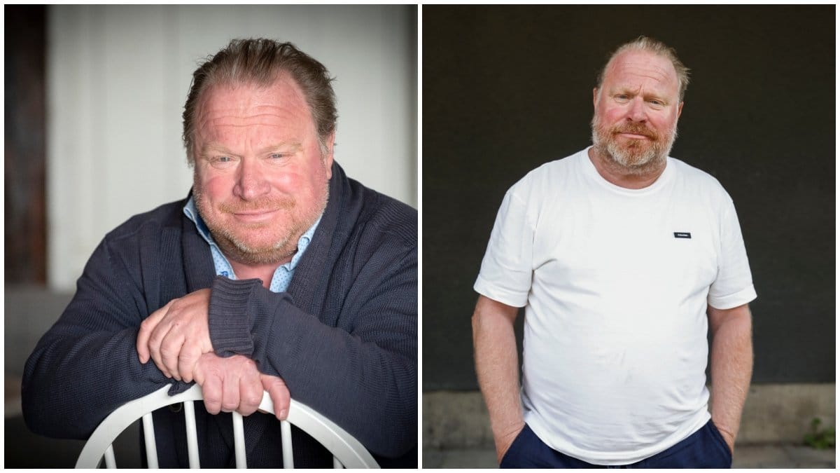 Claes Malmberg sitter i mörka kläder på en stol och ler mot kameran. Jämte syns en bild på honom i vit tröja, stå och titta allvarligt mot kameran.