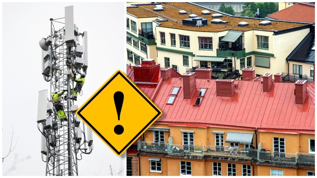 5G-mast och flera flerfamiljshus i stadsmiljö.