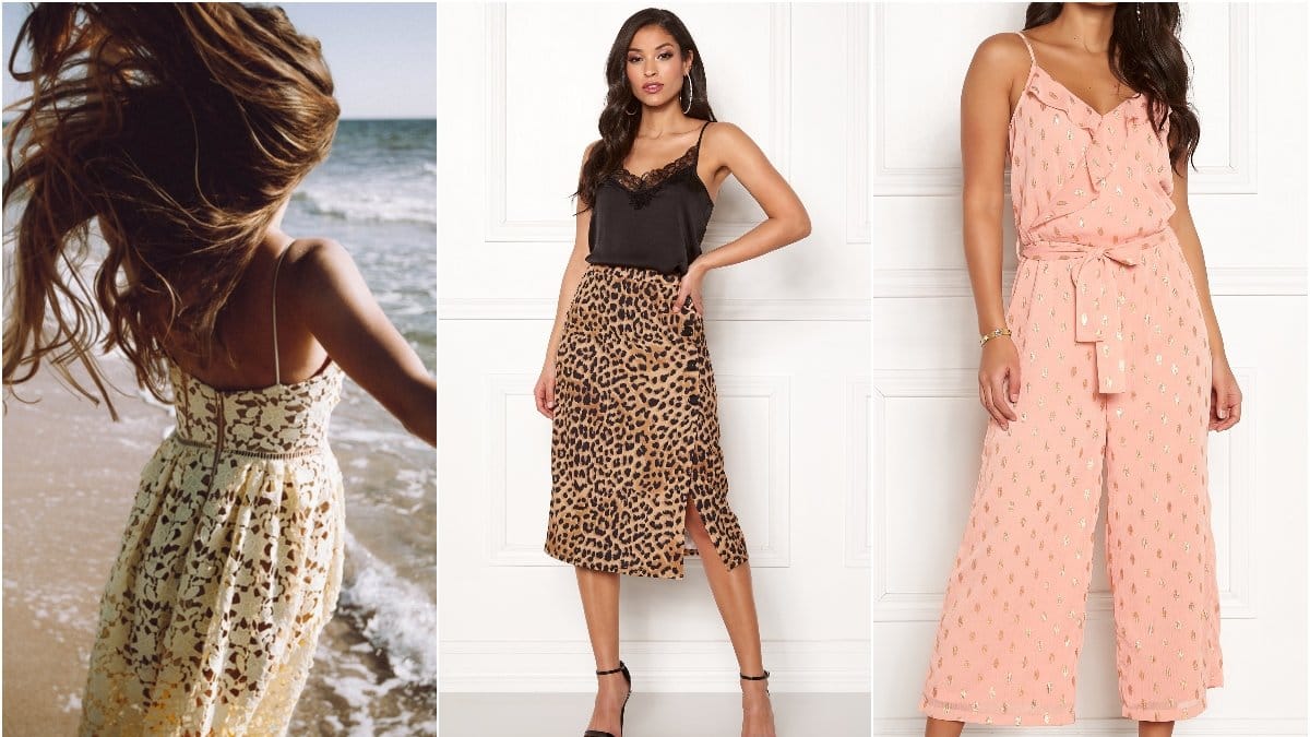 Gul spetskläninng, midikjol i leopard, rosa prickig jumpsuit