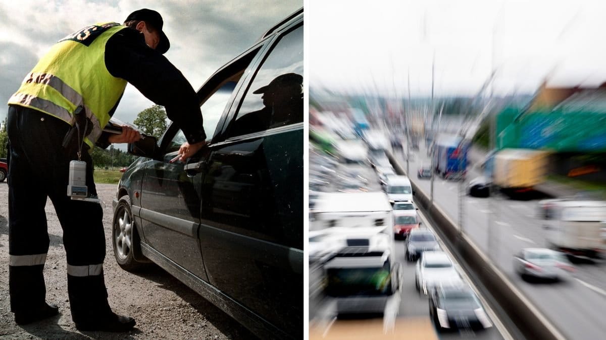 Polis gör trafikkontroll och en bilkö som kör.
