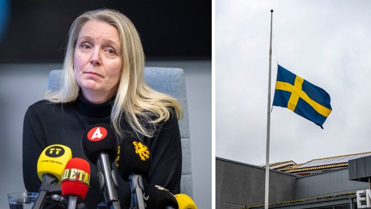 Kommundirektör Linda Strand i tårar vid presskonferensen i kommunhuset i Hörby.