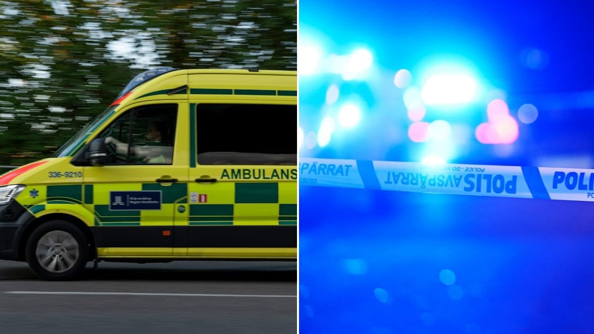 Ambulans och blåljus vid en avspärrning.