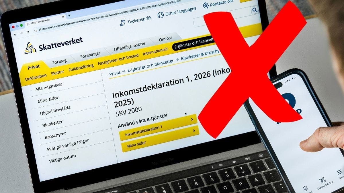 Deklaration via en laptop och ett rött kryss.