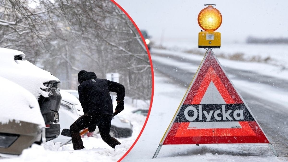 snö och varningsskylt