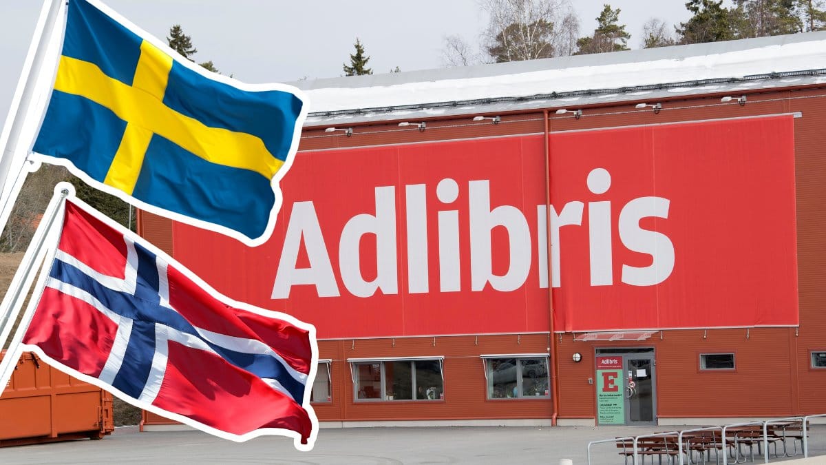 Adlibris, bokhandel på nätet med lager och logistik i Morgongåva i bakgrunden. Svensk och norsk flagga utklippta till vänster.