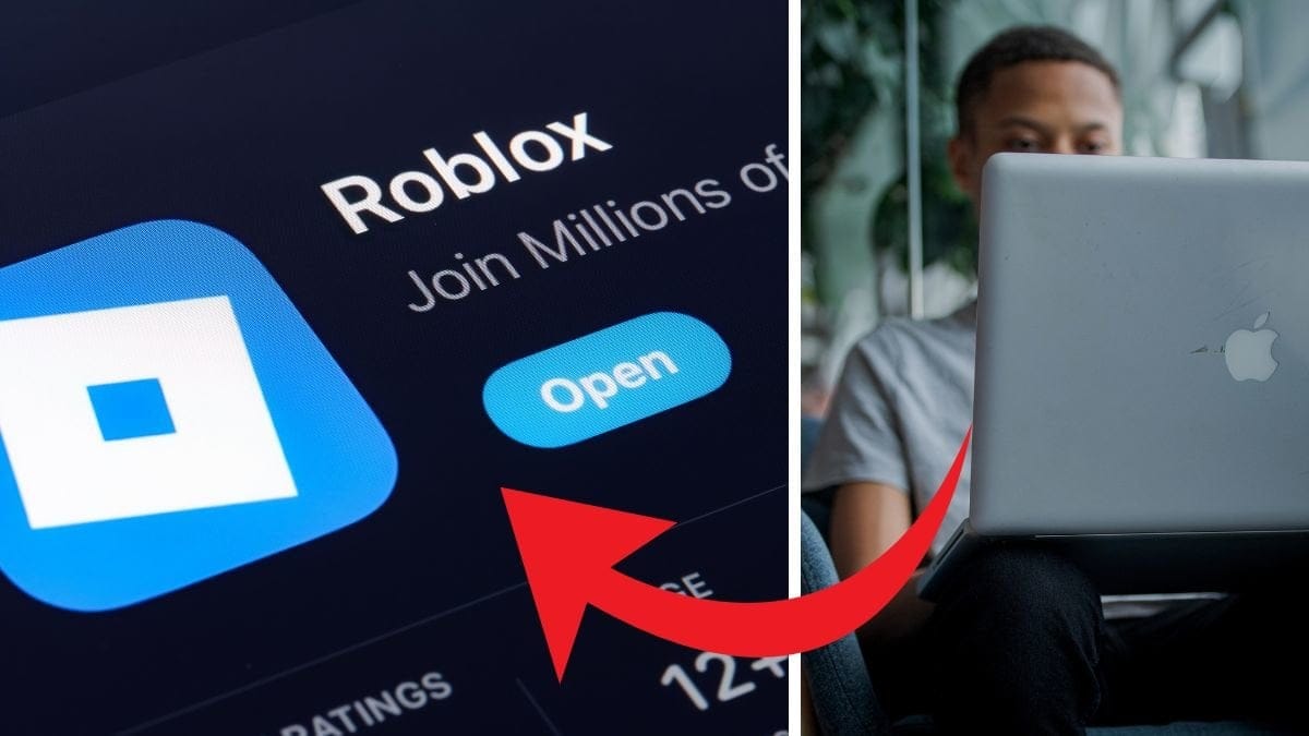 Roblox-appen på en skärm till vänster. En person med dator i knät till höger.