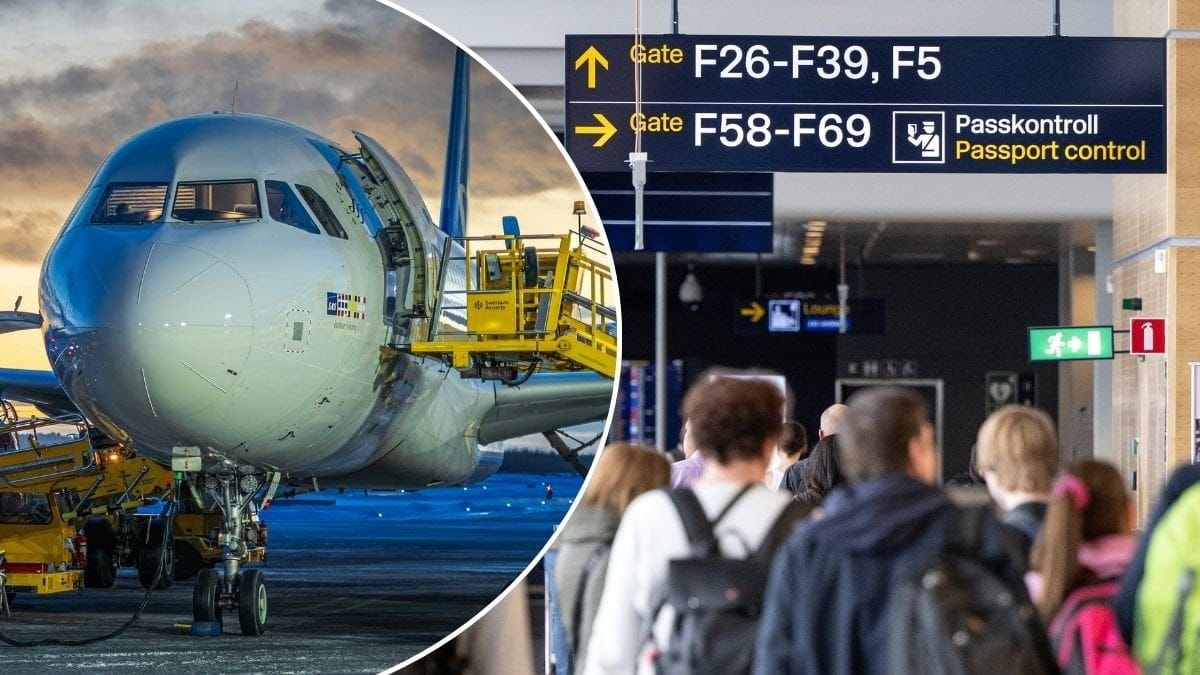 Bild på flygplan och en skylt med Gater på Arlanda.