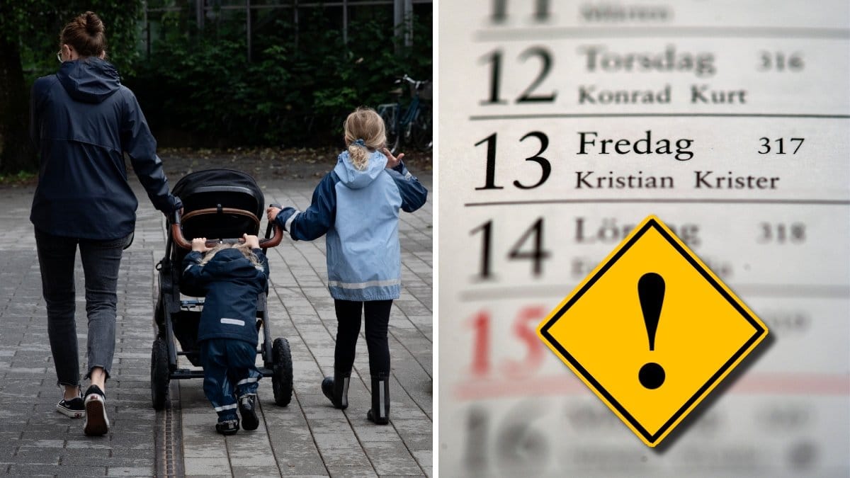 En mamma med två barn går med en barnvagn, och en kalender med en varningstriangel.