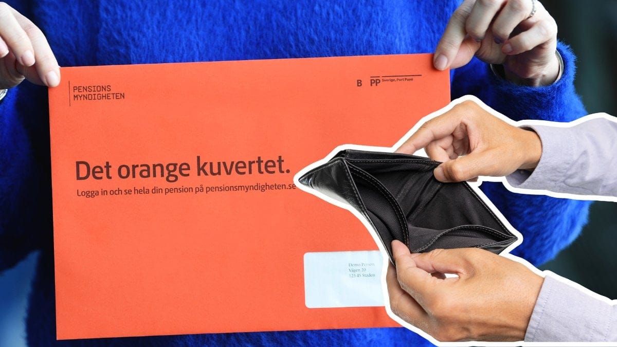 Orangea Pensionskuvertet i bakgrunden. HÄnder som håller ut en tom plånbok höger.