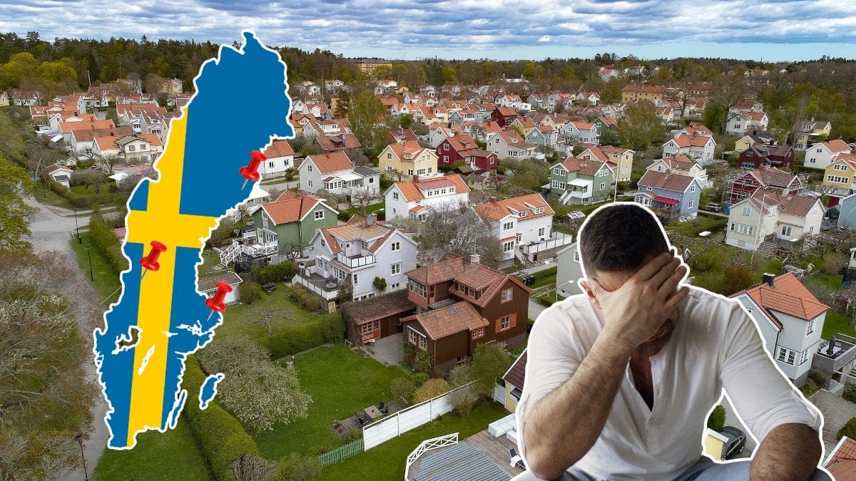 Sverige, karta, man, röd nål, villor