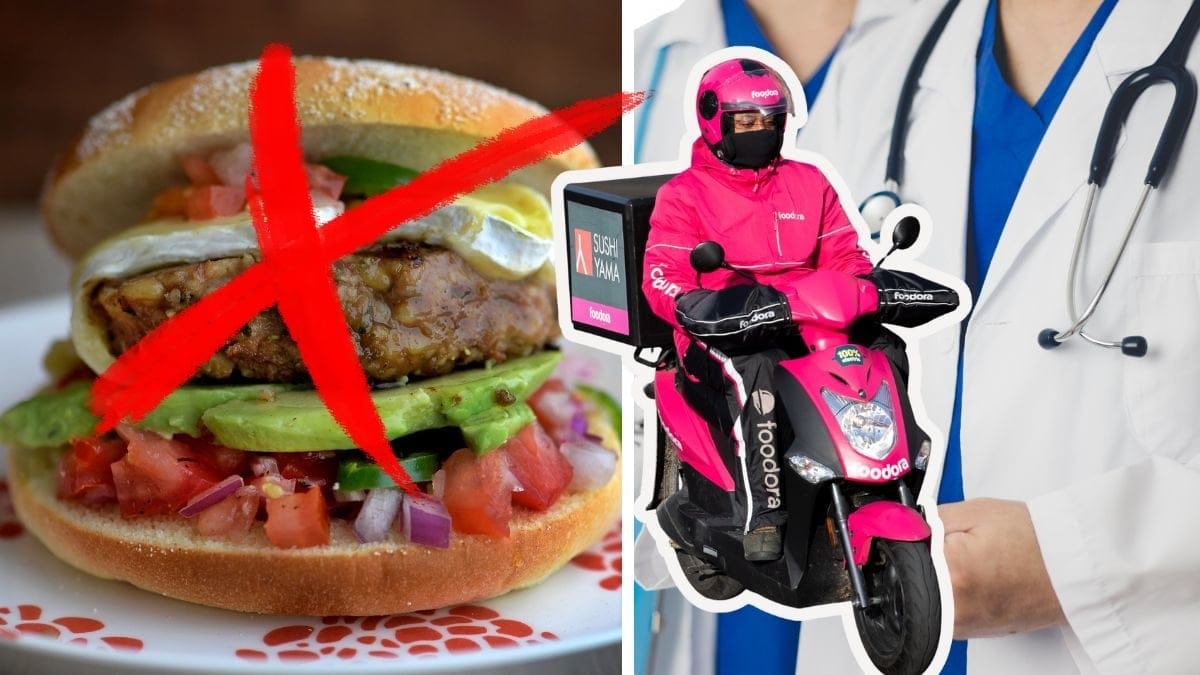 Burgare med stor rött kryss över till vänster. Inzoomad bild på läkarrockar till höger. Utklippt bild på Foodorabud på en leveransmoped i mitten.