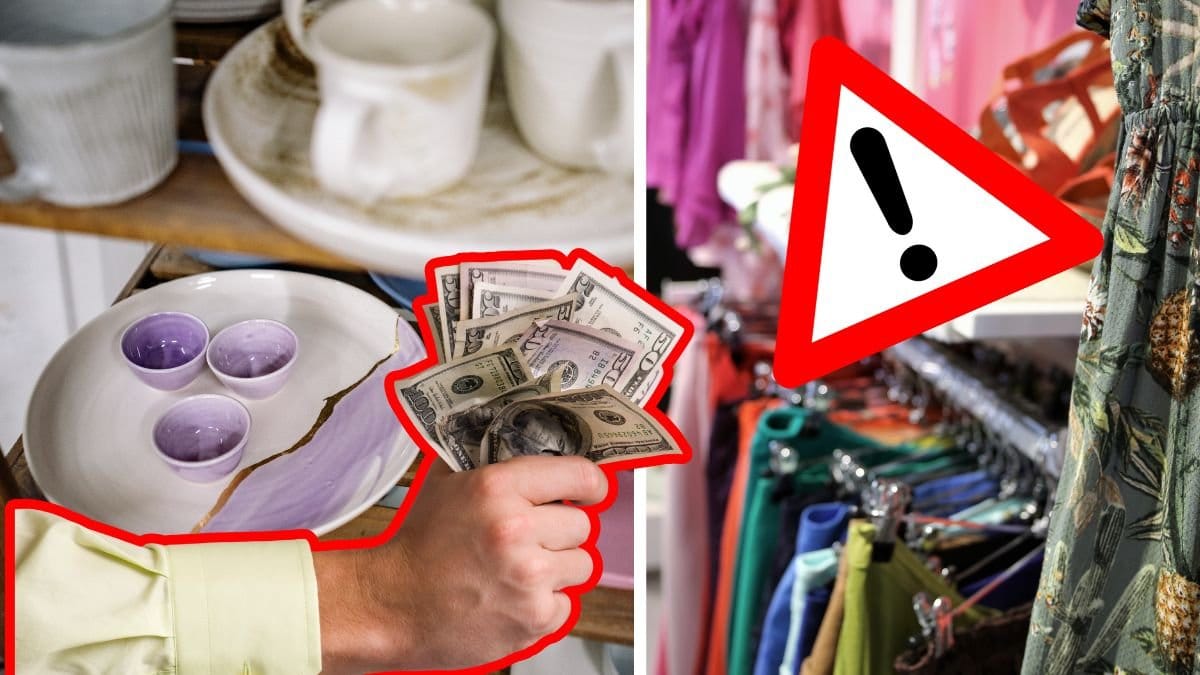 Porslin vänster. Begagnade kläder höger. Hand utklippt med kontanter vänster. Varningskylt höger.