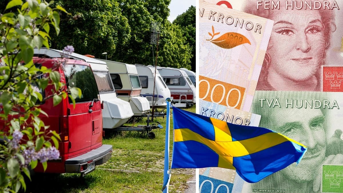 Camping husvagnar och husbilar. Svenska pengar och svenska flaggan. 
