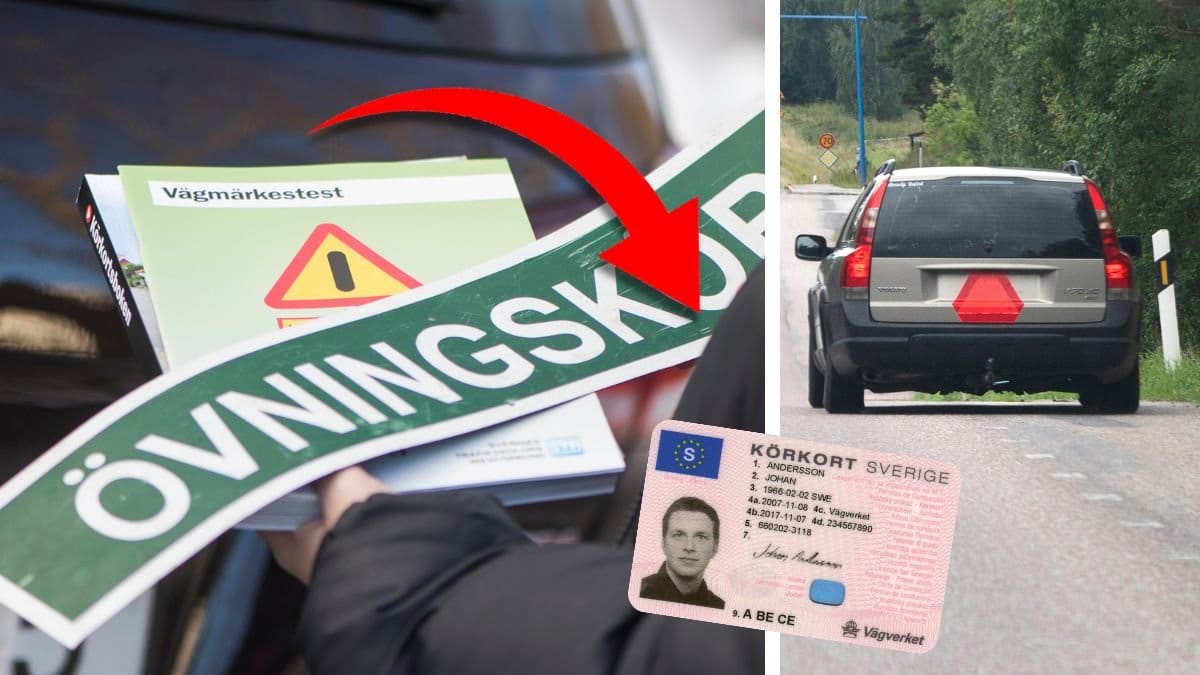 Övningsköra skylt, en A-traktor och ett svenskt körkort.
