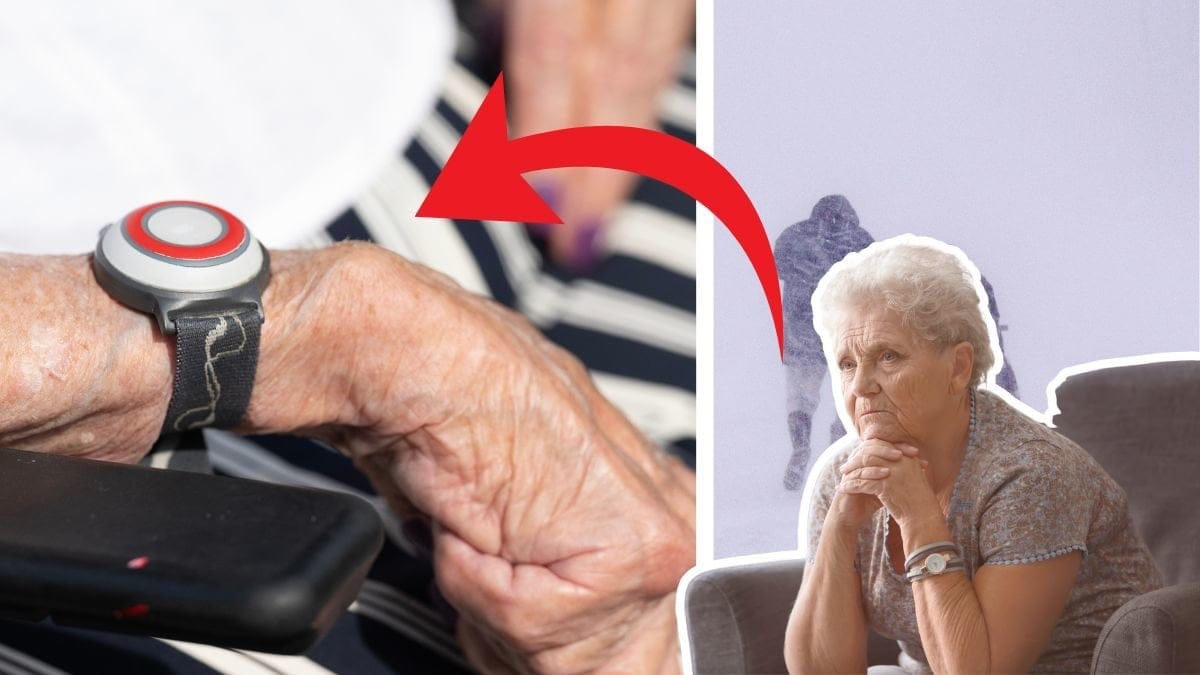 Trygghetslarm till vänster. Personer som står mitt i stormen Johannes till höger. En orolig äldre kvinna till häger utklippt. 