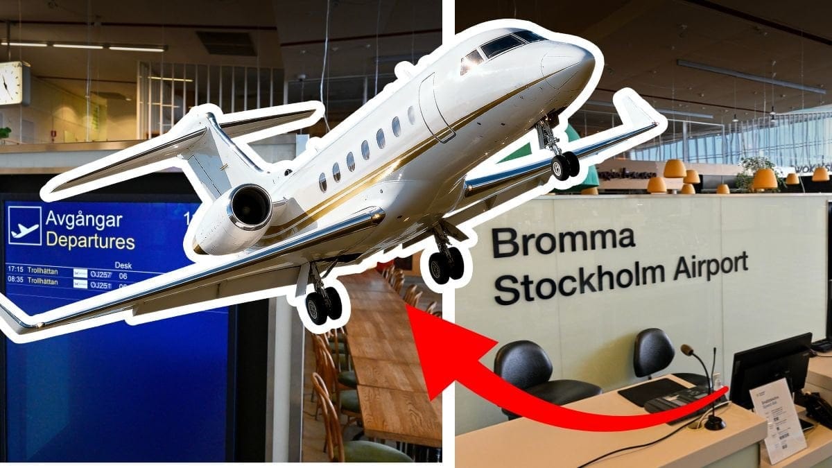 Flygtabell Bromma vänster. Skylt för Bromma Flygplats höger. Utklippt flygplan i mitten.