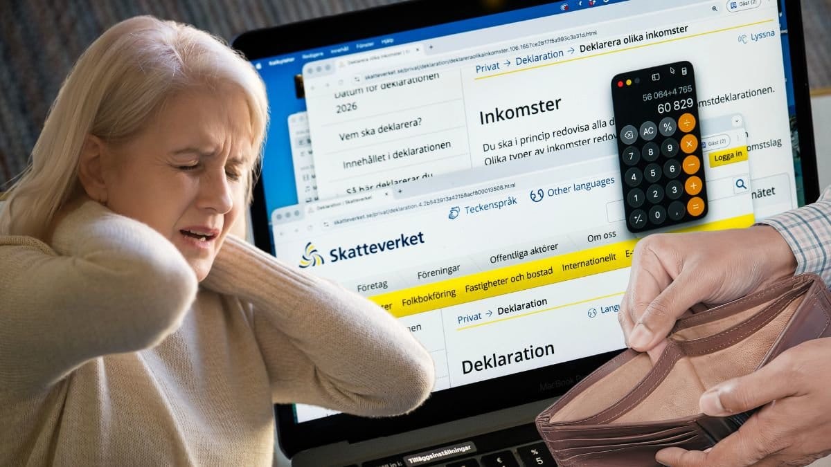 Kvinna som ser uppgiven ut, deklaration och en tom plånbok.