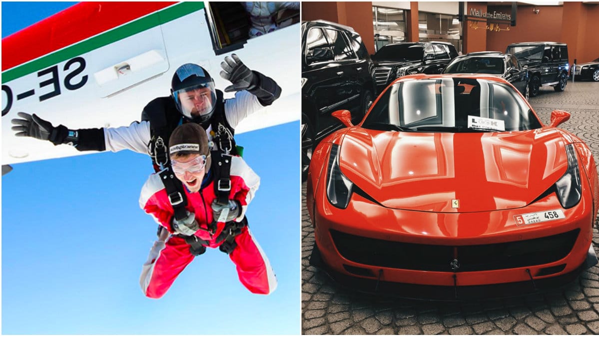 Fallskärmshoppning och röd ferrari.