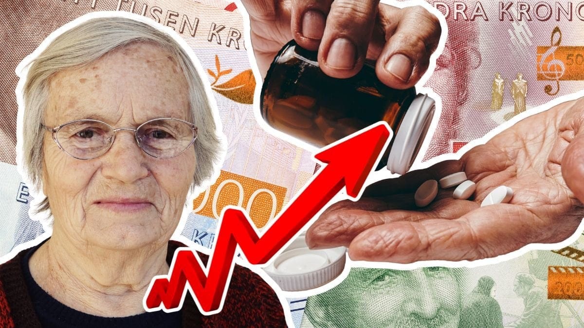 Äldre kvinna, svenska sedlar och medicin i hand