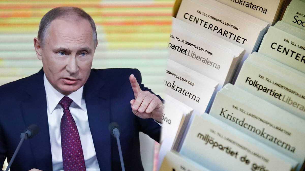 Vladimir Putin inklippt över bild på valsedlar. 