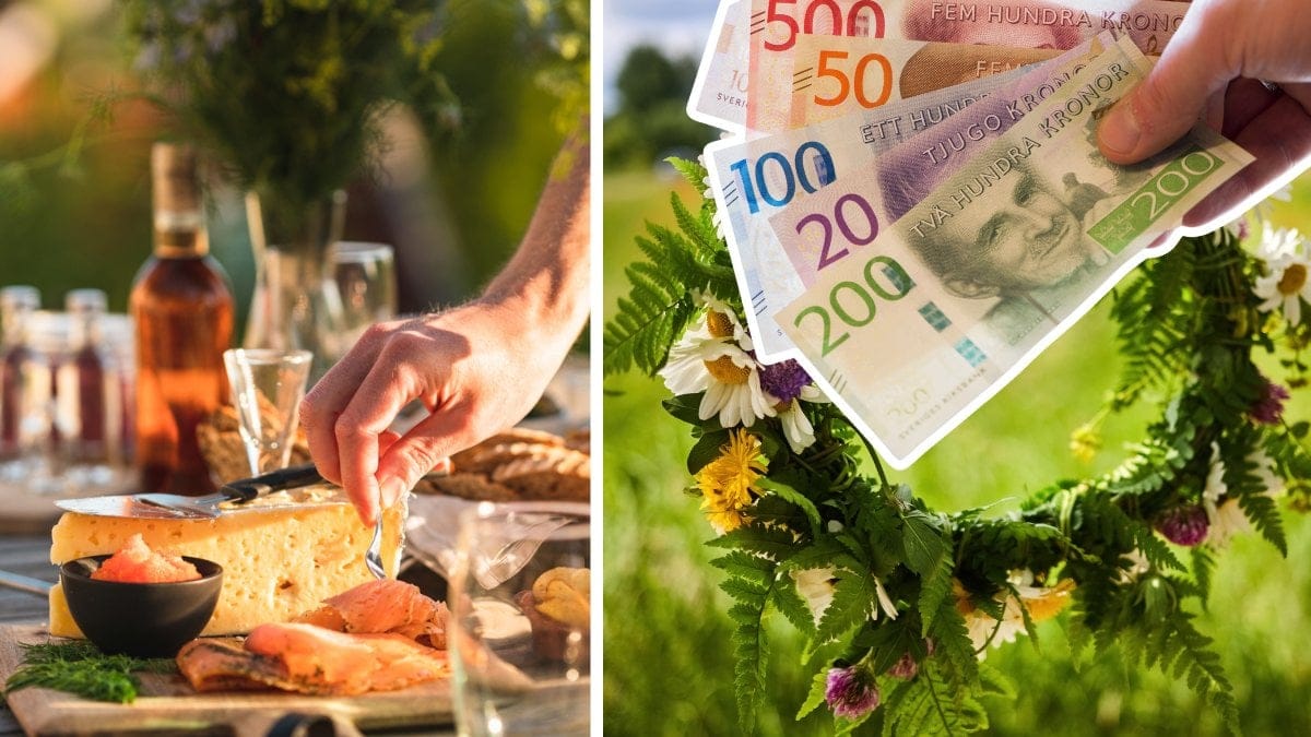 Person som tar mat från en midsommarbuffé vänster. En midsommarkrans höger. En utklippt bild på händer med svenska kontanter höger.