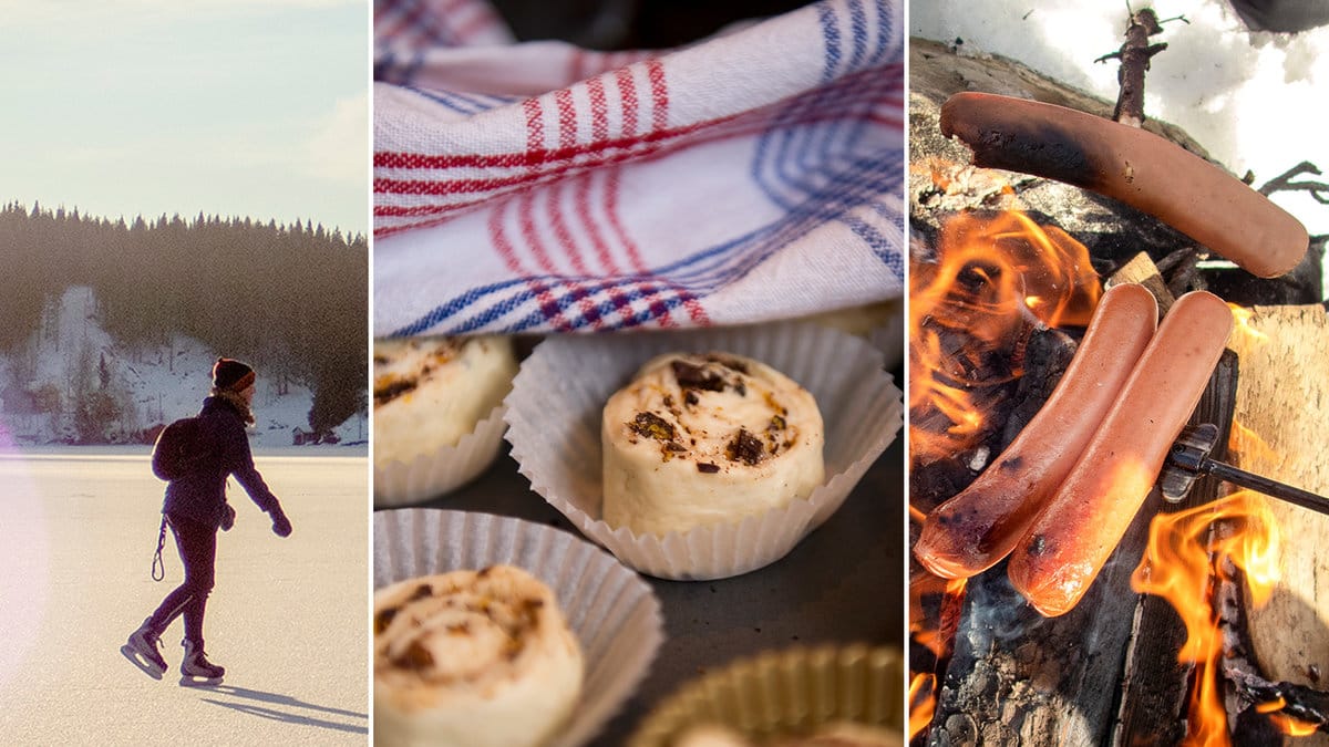 En skridskoåkare, bullar som bakas och korvgrillning