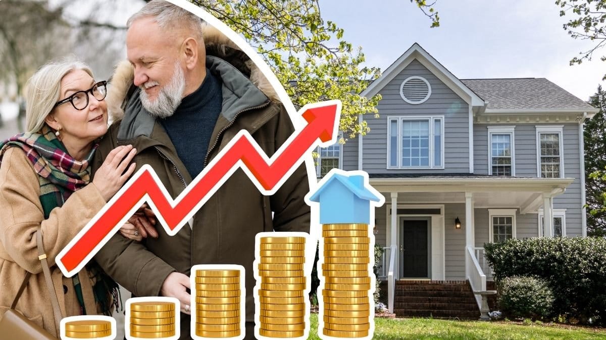 Äldre par vänster. Hus höger. Mynthögar med uppgående graf utklippt till vänster.