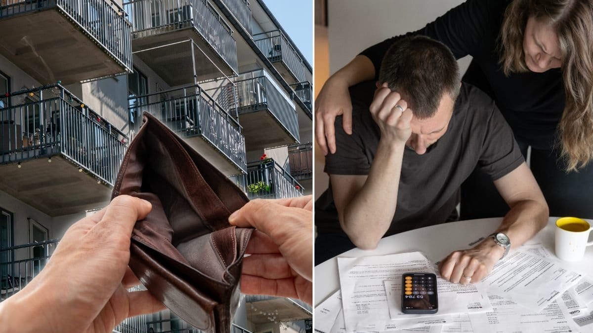 Ett bostadshus, ett par som håller om varandra och tittat på räkningar samt en tom plånbok.