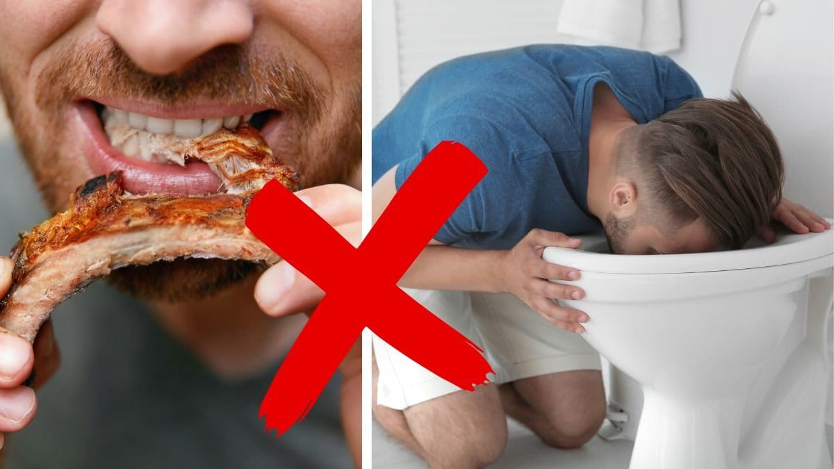 Närbild, mun äter en pixxa till vänster. Man som spyr i en toa till höger. Ett rött x i mitten.