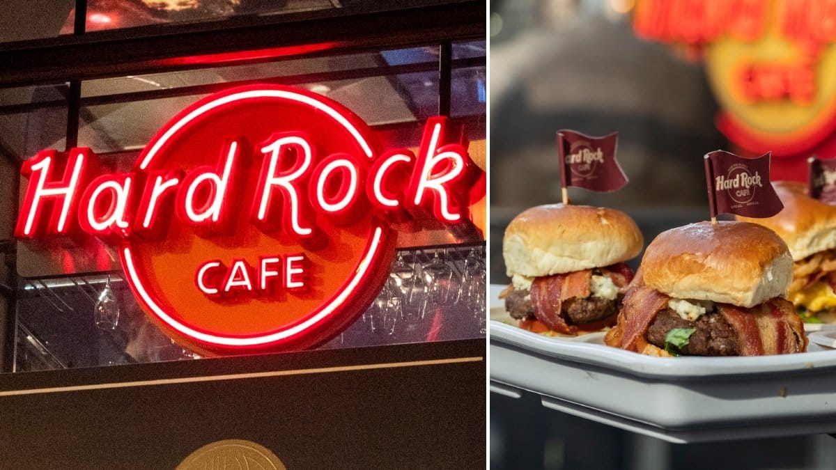 Bilder på burgare och hard rock cafe.