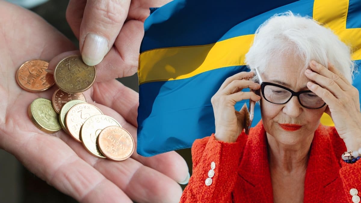 Mynt i en hand, en kvinna som pratar i telefon och håller handen för pannan samt en svensk flagga som syns i bakgrunden.